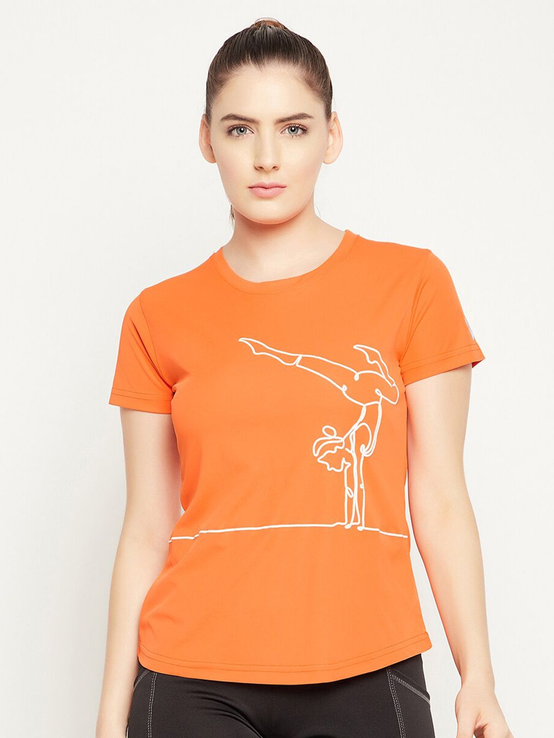 Clovia Women Orange Sports Slim Fit T-shirt Price in India