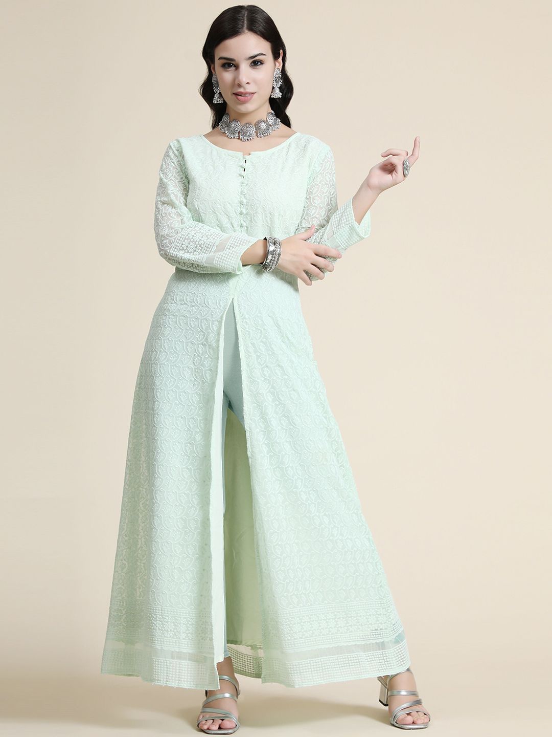 KALINI Women Green Embroidered Chikankari Maxi Long Ethnic Dress Price in India