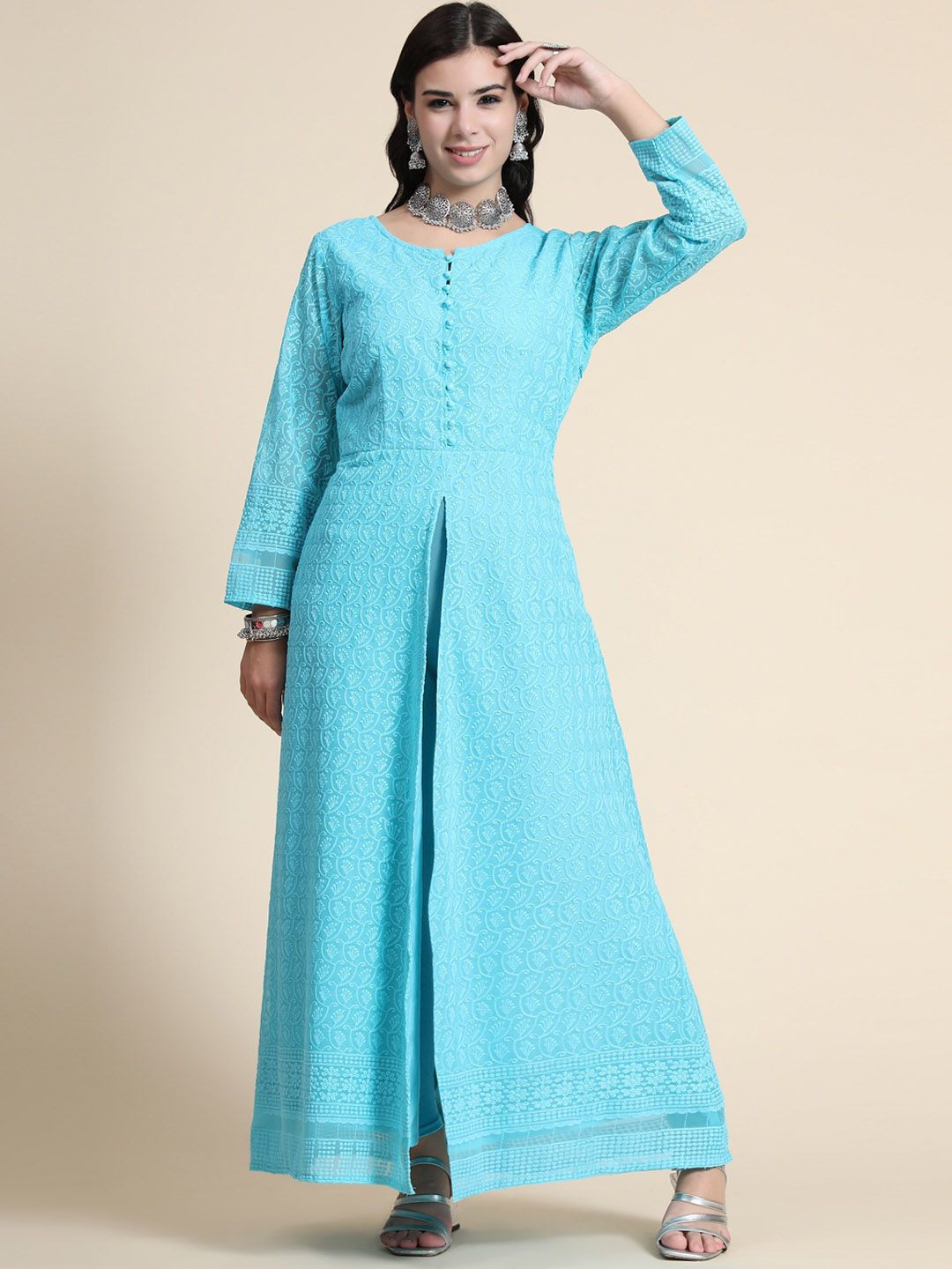 KALINI Women Blue Embroidered Maxi Long Ethnic Dress Price in India