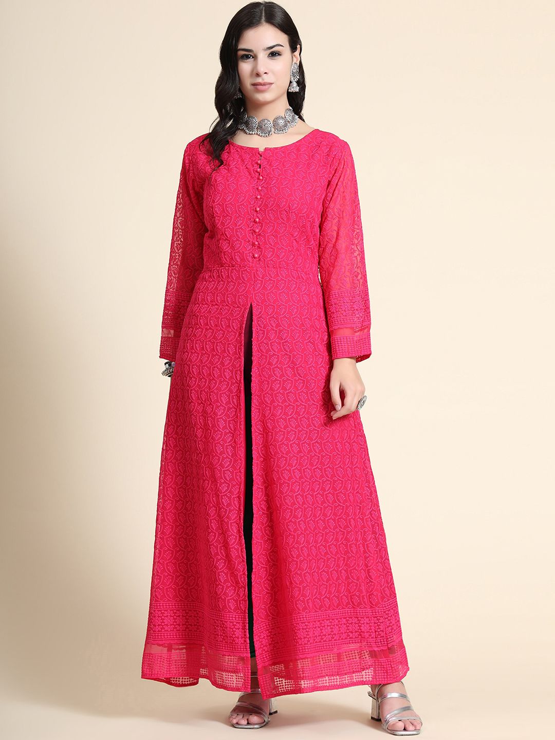 KALINI Women Pink Chikankari Embroidered  Maxi Length Ethnic Dress Price in India