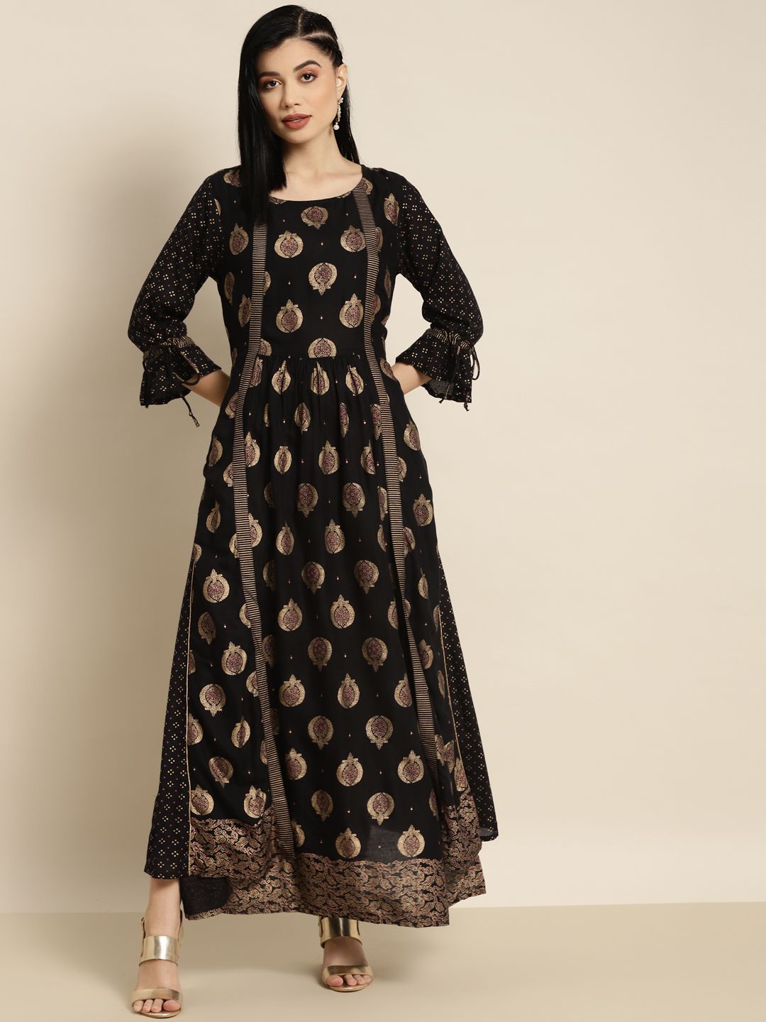 Juniper Black Printed Layered Maxi Ethnic Dress Price in India
