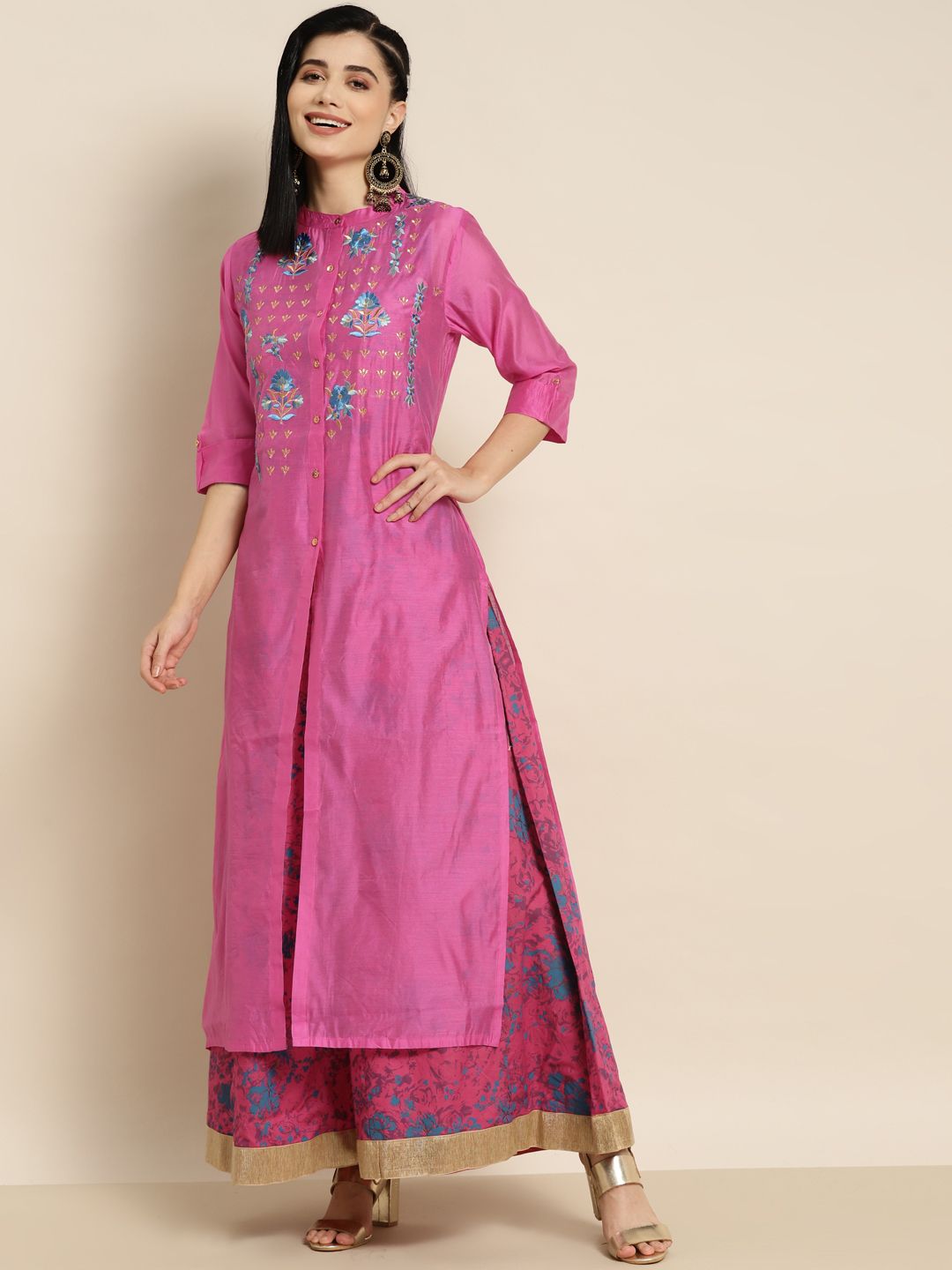 Juniper Fuchsia Embroidered Chanderi Silk Layered Maxi Ethnic Dress Price in India