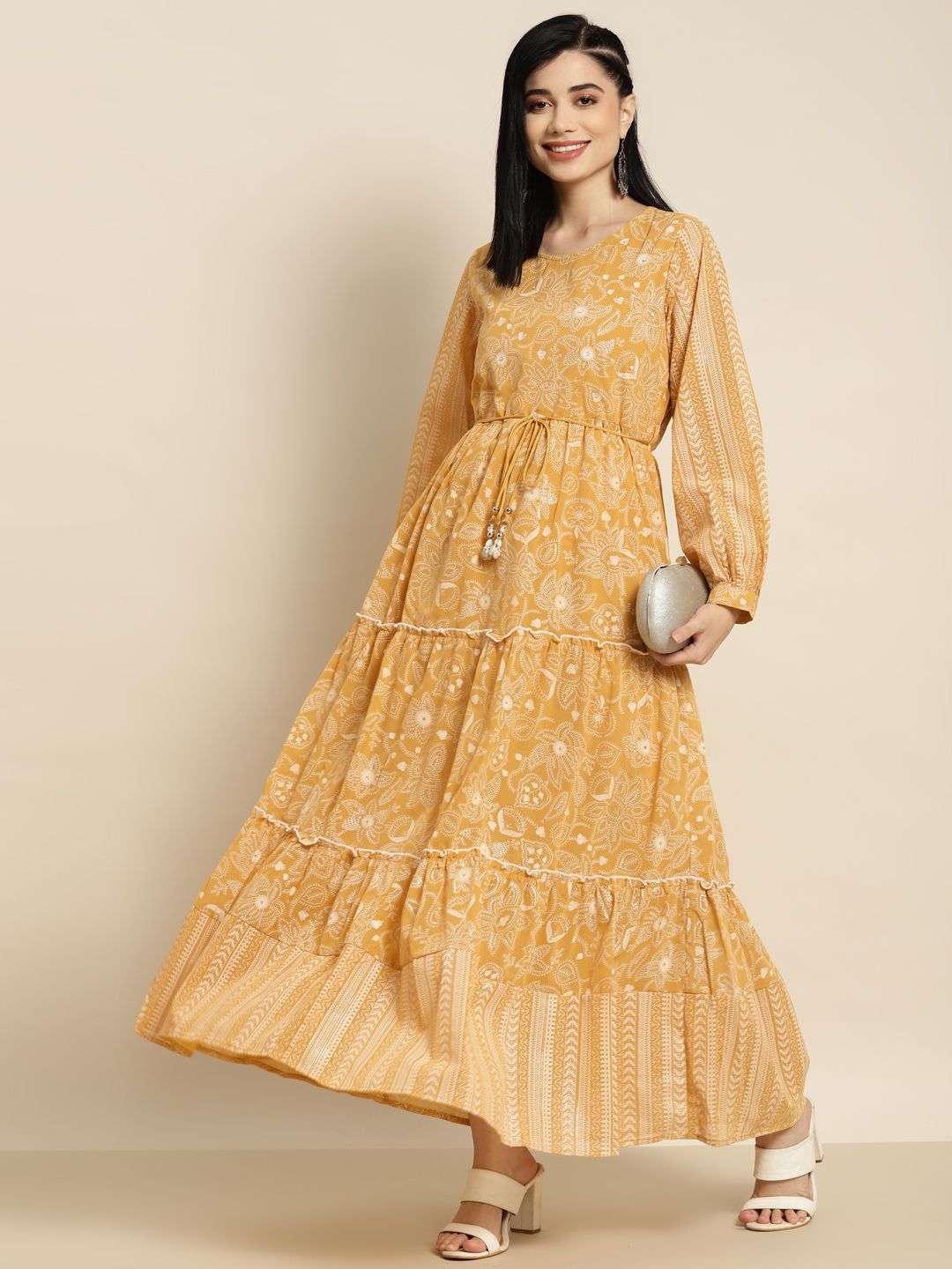 Juniper Yellow Printed Tiered Maxi Ethnic Dress Price in India