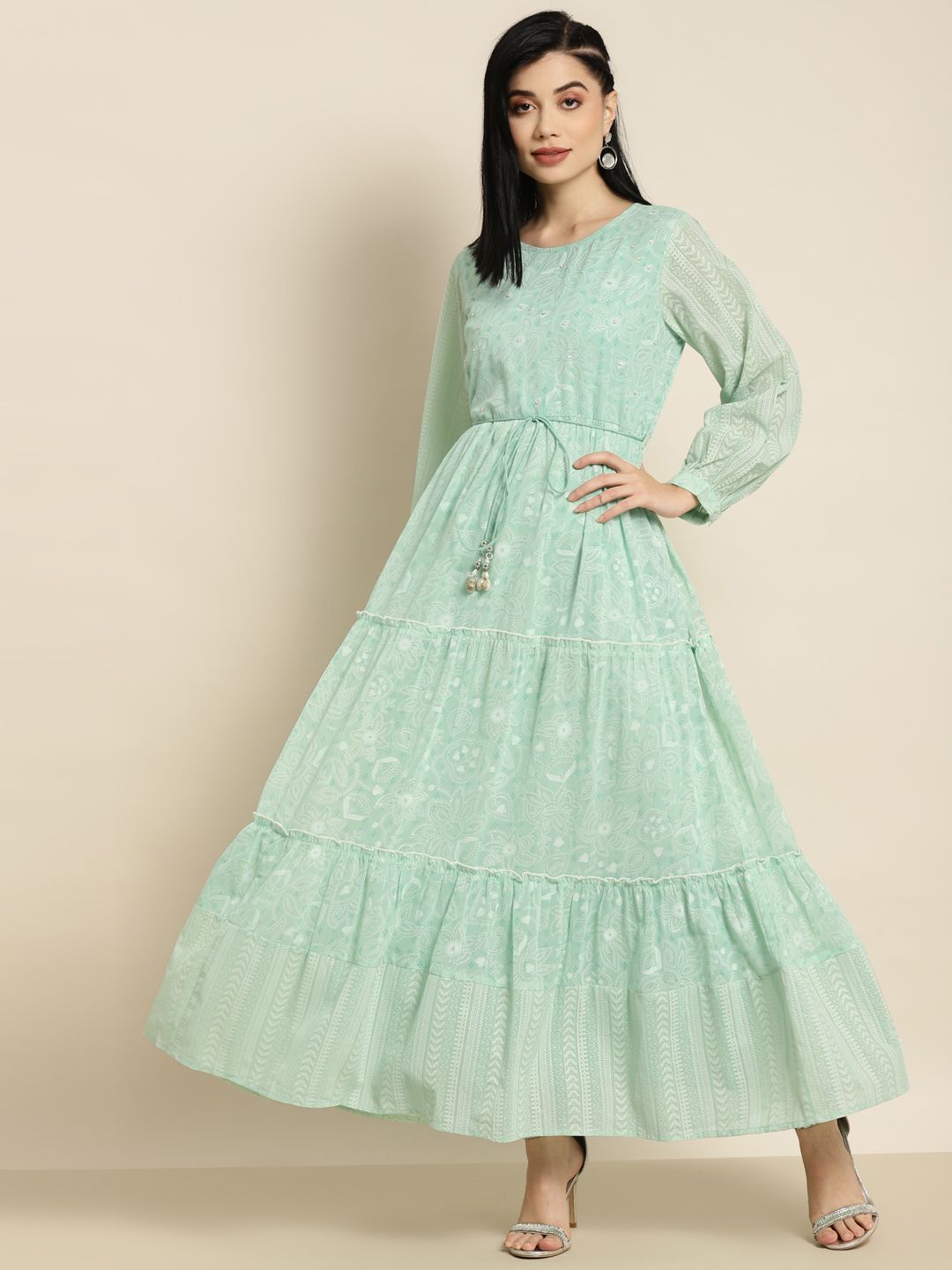Juniper Mint Green Printed Tiered Maxi Ethnic Dress Price in India