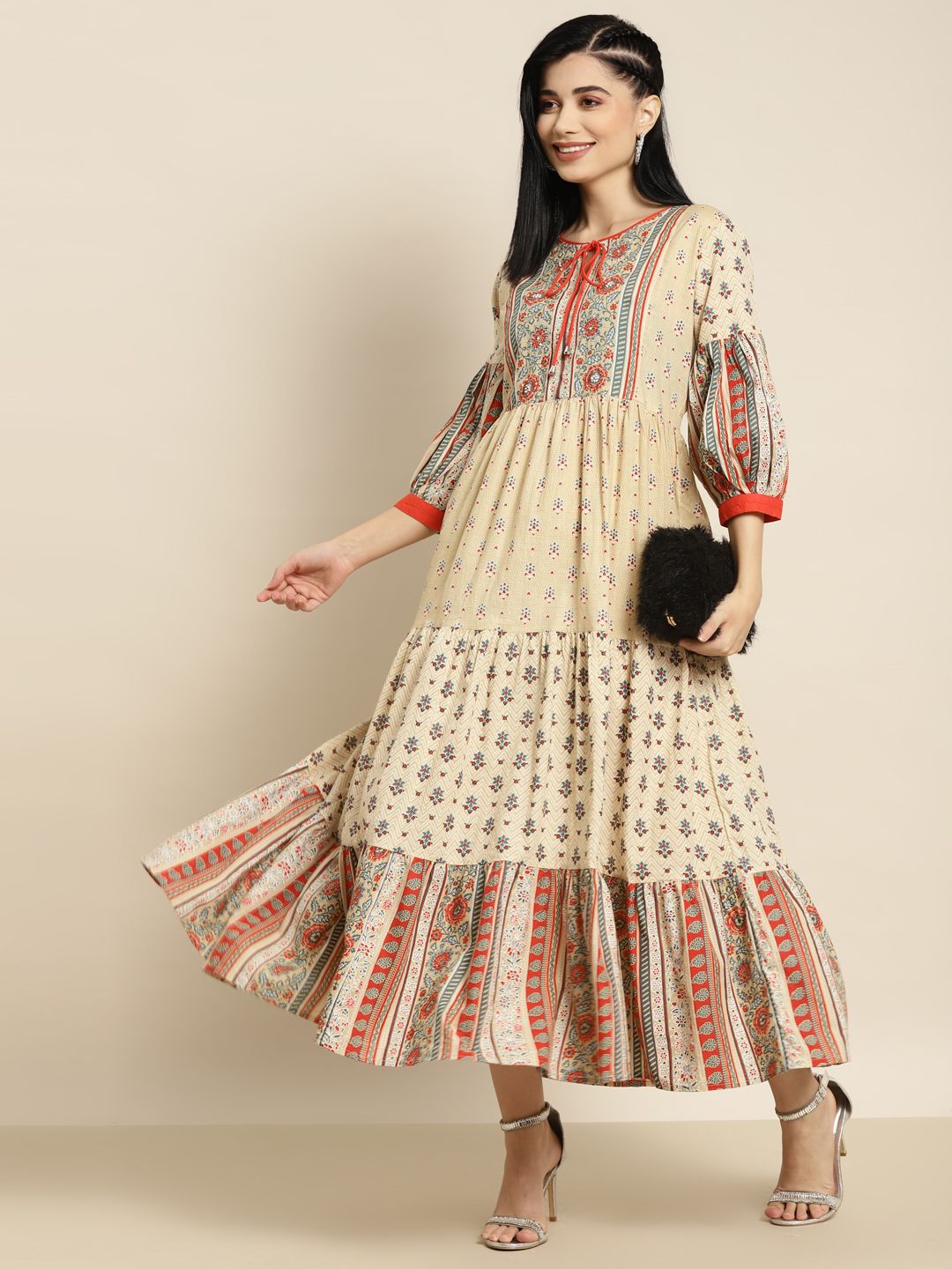 Juniper Beige Printed Tiered Ethnic Dress Price in India