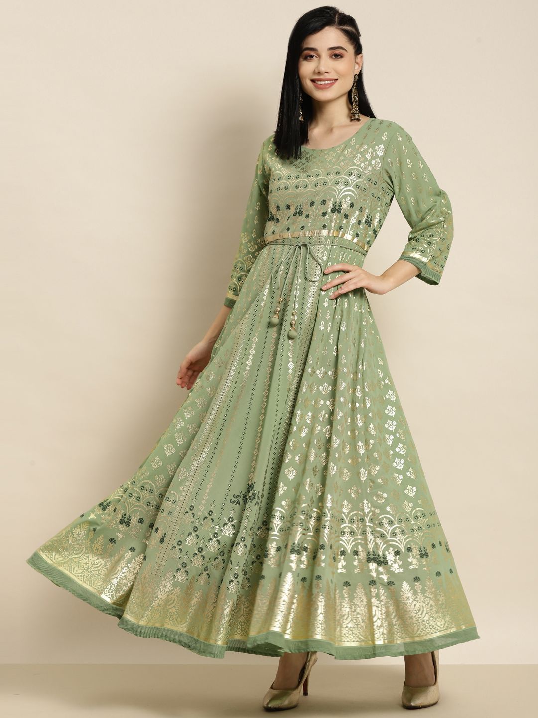 Juniper Sage Green Foil Printed Flared Ethnic Dress Price in India
