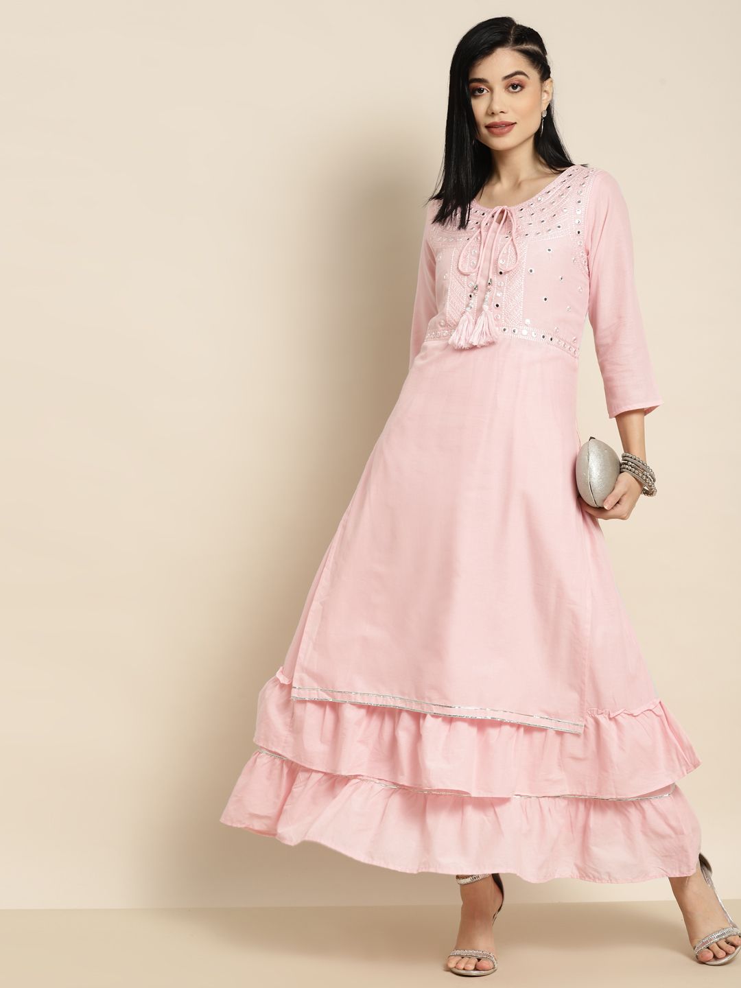 Juniper Pink Mirror Work Layered Maxi Ethnic Dress Price in India