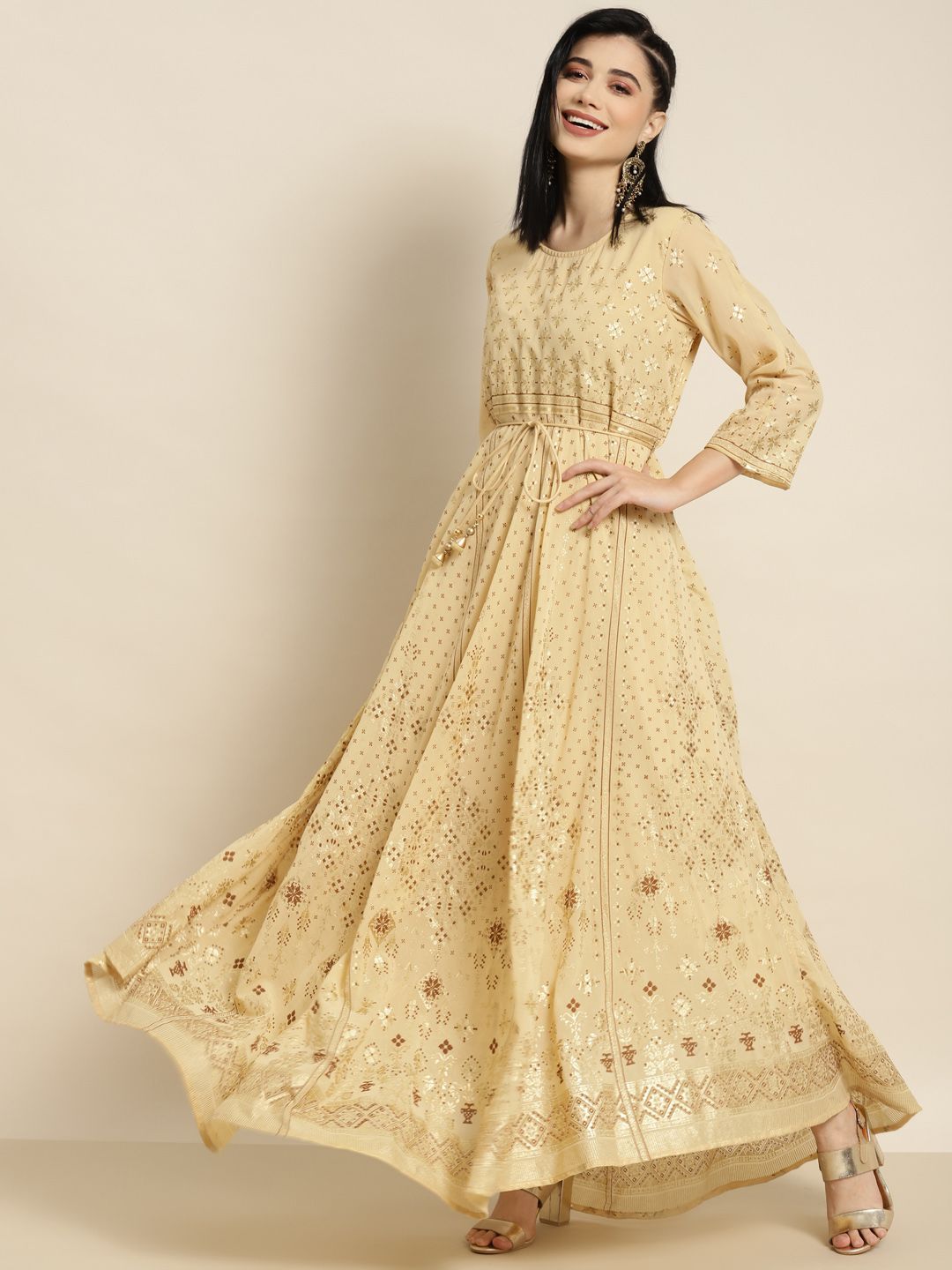 Juniper Yellow Printed Fit & Flare Maxi Ethnic Dress Price in India
