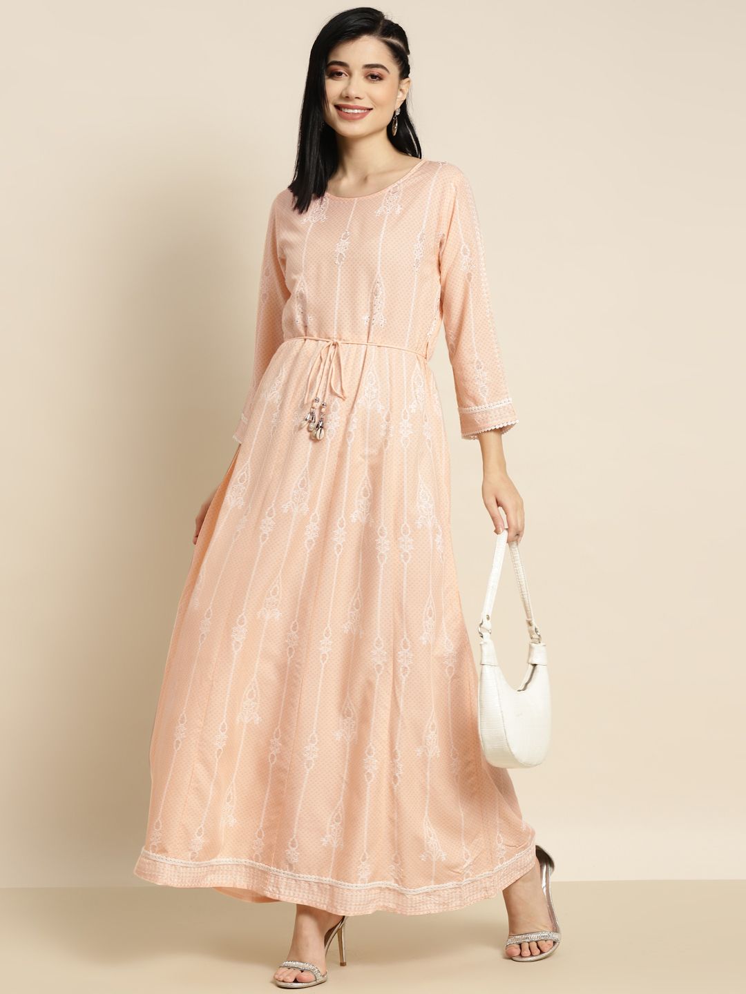 Juniper Peach-coloured Printed Maxi Anarkali Ethnic Dress Price in India