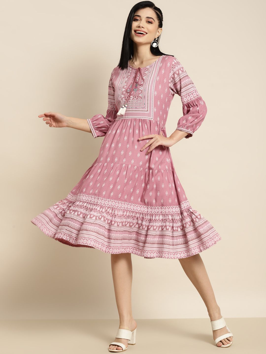 Juniper Pink Printed Tiered Midi Ethnic Dress Price in India