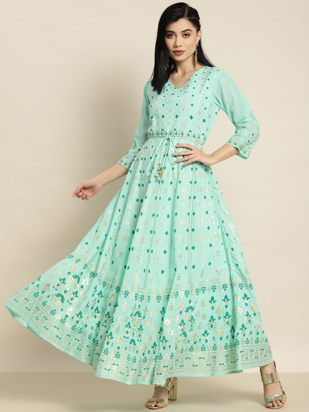 Juniper Green Printed Flared Maxi Ethnic Dress Price in India