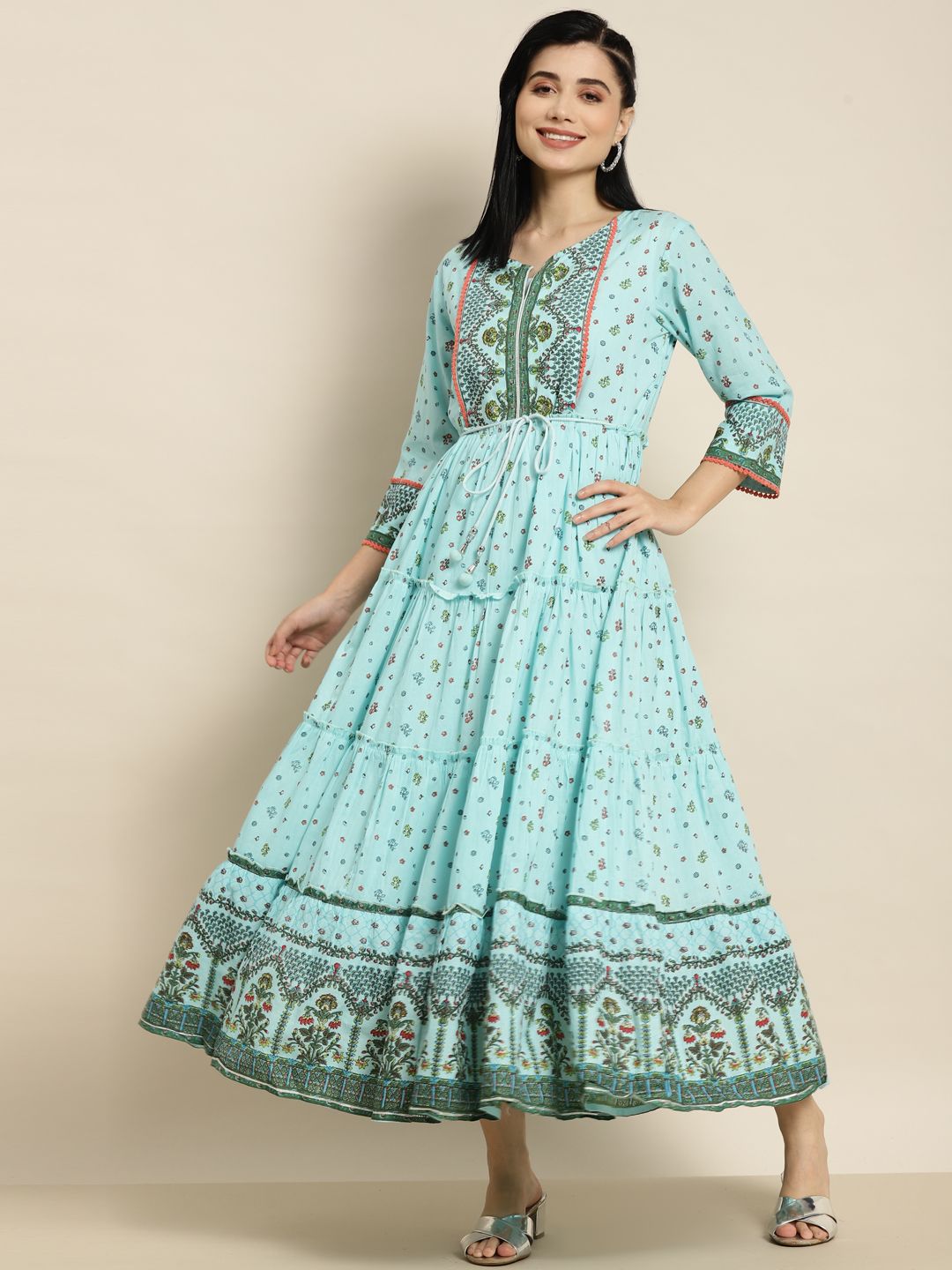 Juniper Blue Printed Tiered Ethnic Dress Price in India