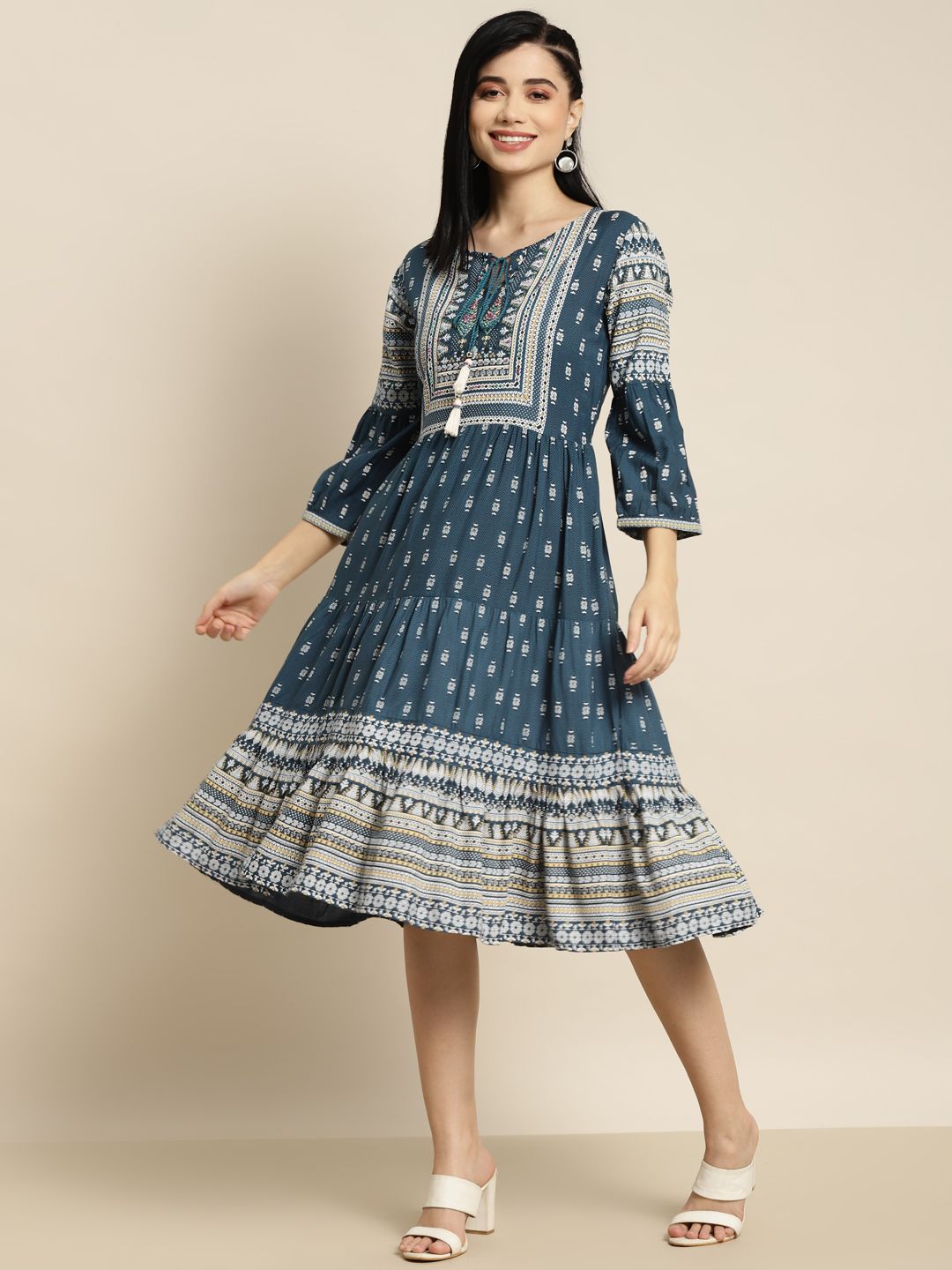 Juniper Teal Blue Printed Tiered Midi Ethnic Dress Price in India