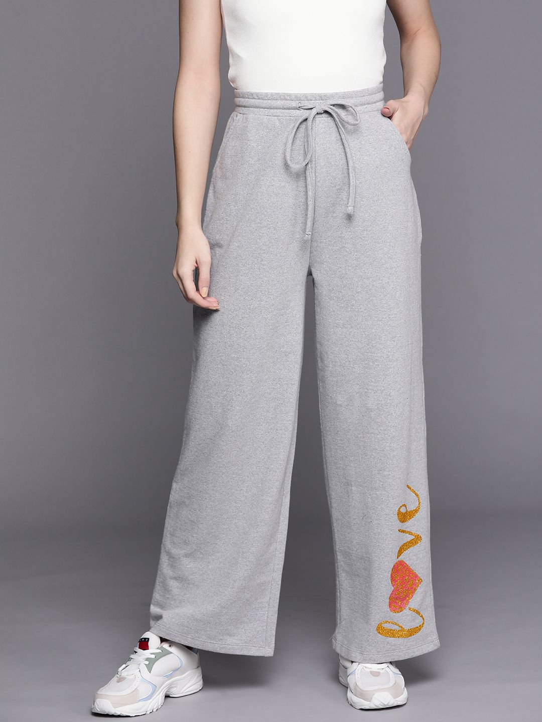 SASSAFRAS Women Grey Melange Track Pants With Printed Detail Price in India