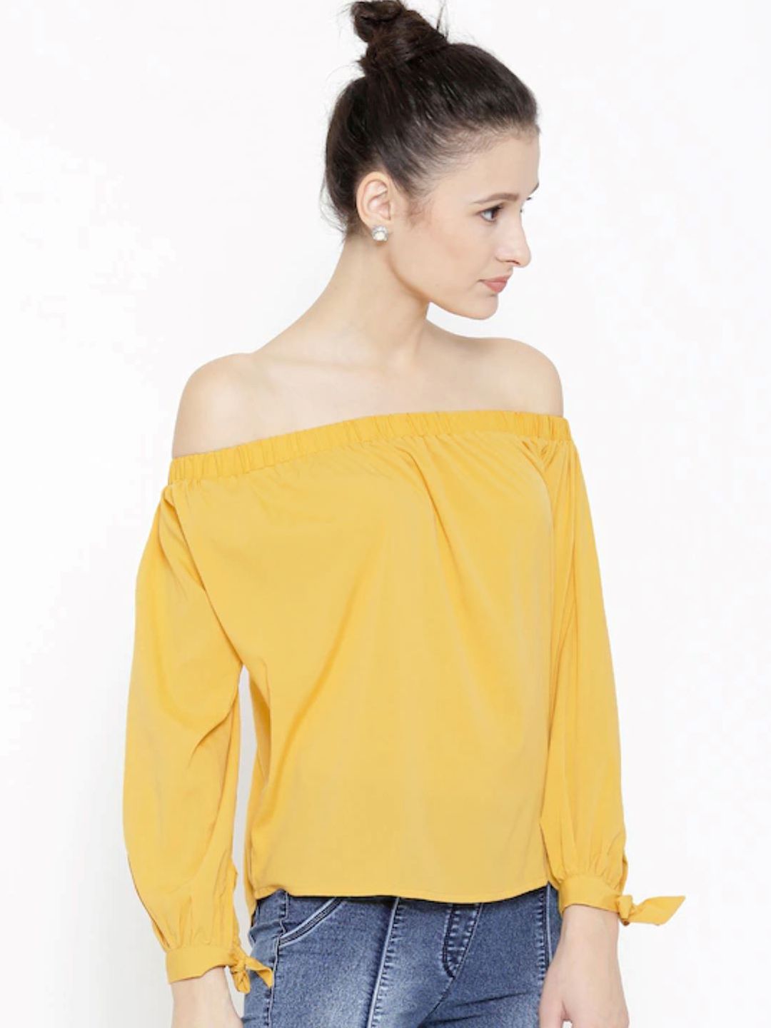 Sera Yellow Off-Shoulder Crepe Bardot Top Price in India