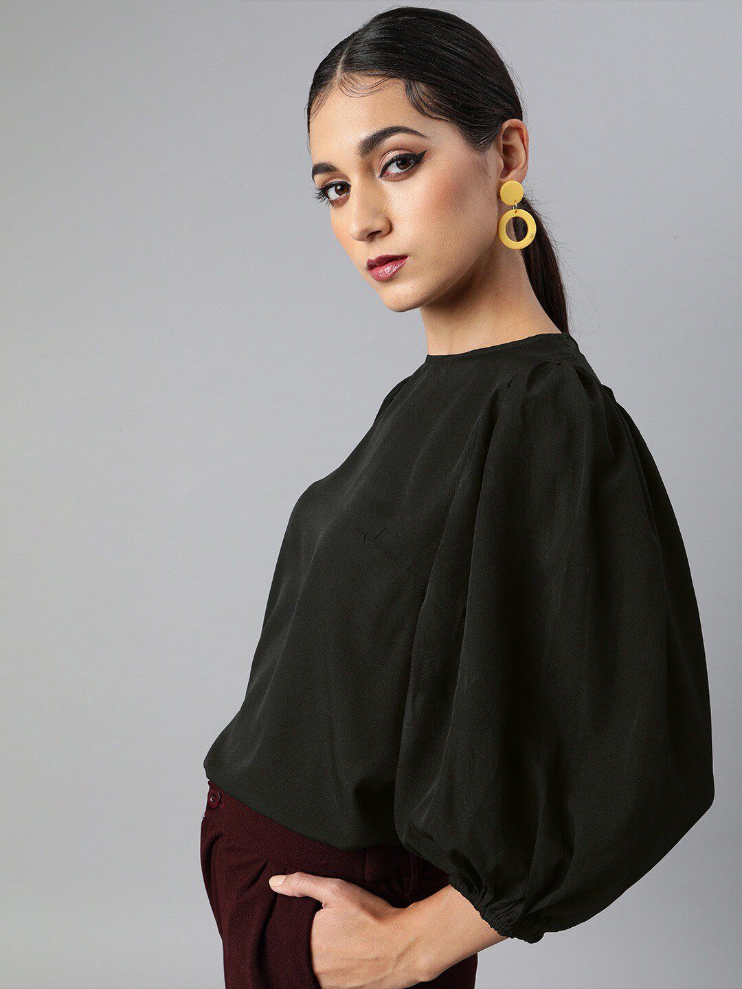 Sera Women Black Puff Sleeves Crepe Regular Top Price in India
