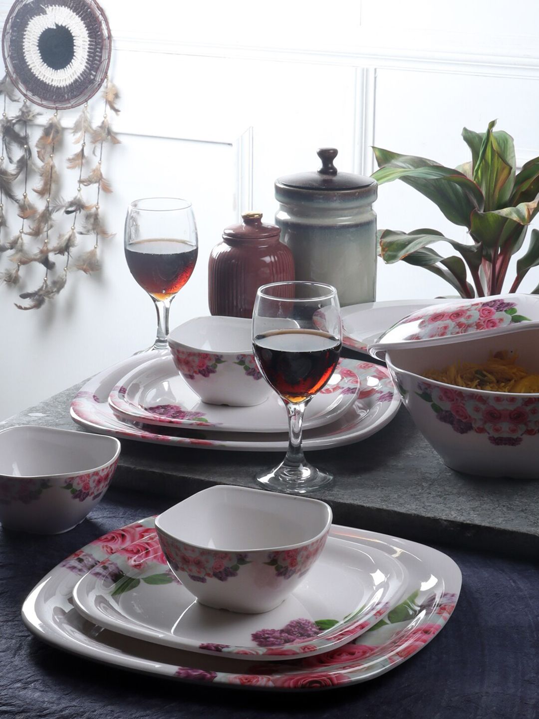 CDI White & Pink Pieces Printed Melamine Glossy Dinner Set Price in India