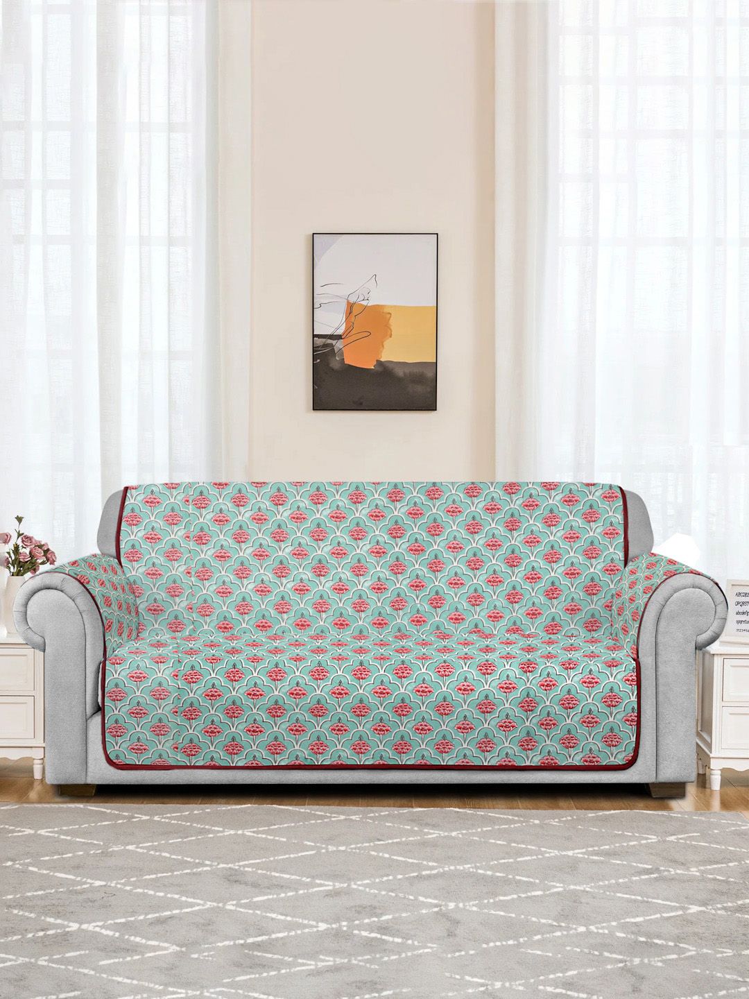 Rajasthan Decor Blue & Pink Floral Printed Cotton Quilted 2-Seater Cotton Sofa Cover Price in India