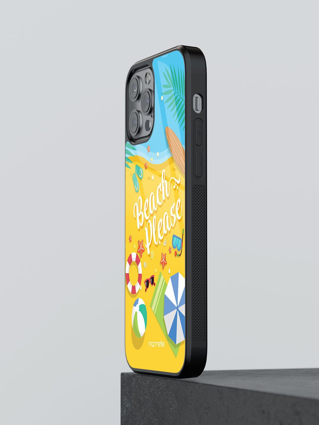 macmerise Yellow & Blue Beach Please Printed iPhone 13 Pro Glass Back Case Price in India