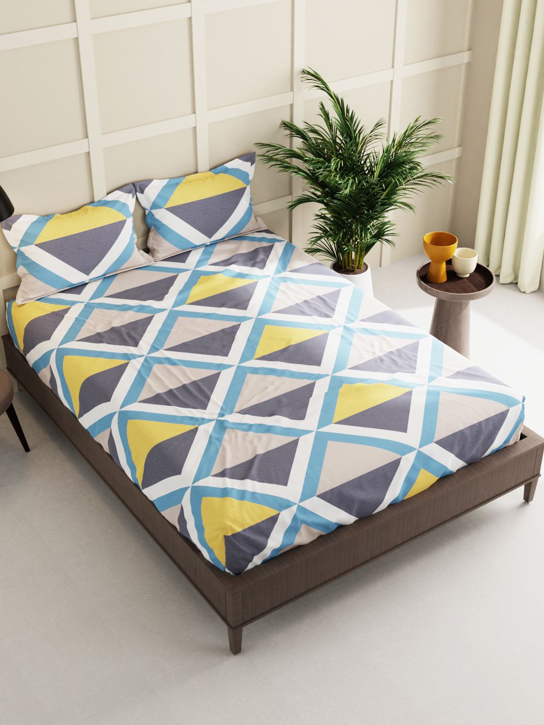 BIANCA White & Blue Geometric 150 TC Queen Bedsheet with 2 Pillow Covers Price in India