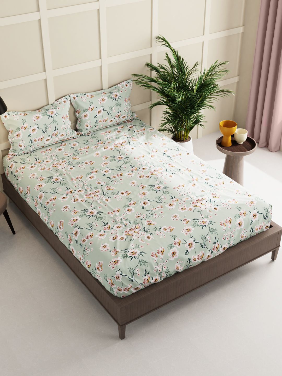 BIANCA Green & Brown Floral 150 TC Queen Bedsheet with 2 Pillow Covers Price in India