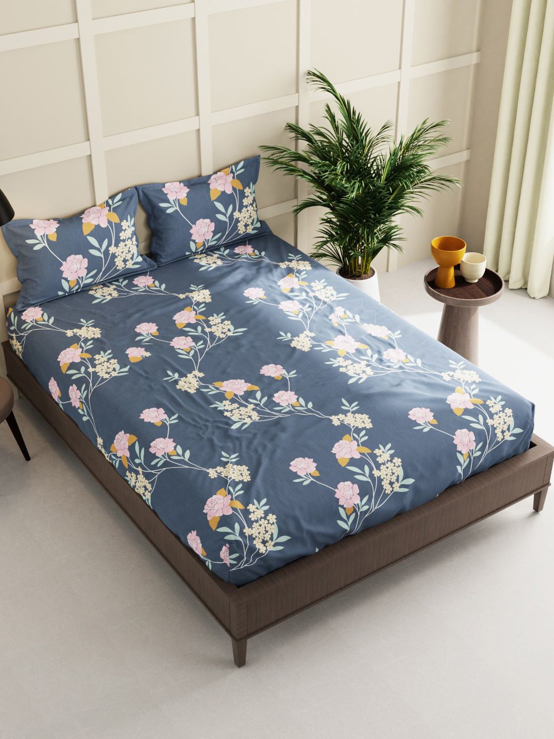 BIANCA Grey & Pink Floral 150 TC Queen Bedsheet with 2 Pillow Covers Price in India