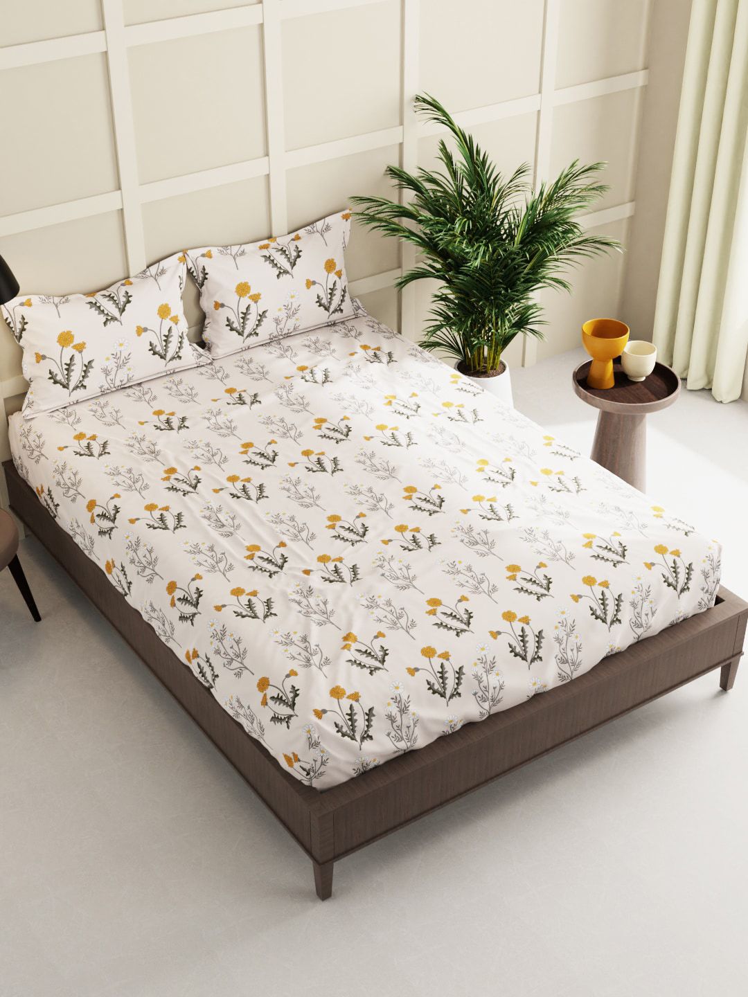BIANCA Beige & Yellow Floral 150 TC Queen Bedsheet with 2 Pillow Covers Price in India