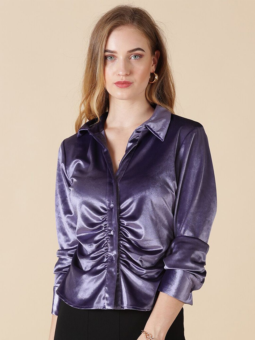 Gipsy Women Purple Solid Ruched Shirt Style Top Price in India
