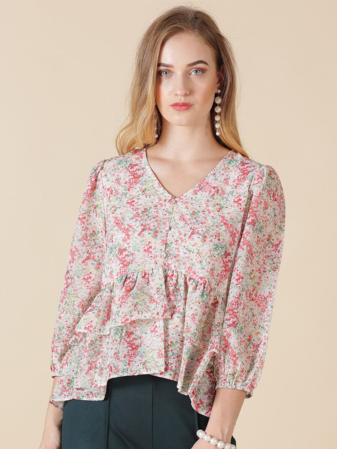 Gipsy Women Pink Floral Print Georgette Peplum Top Price in India