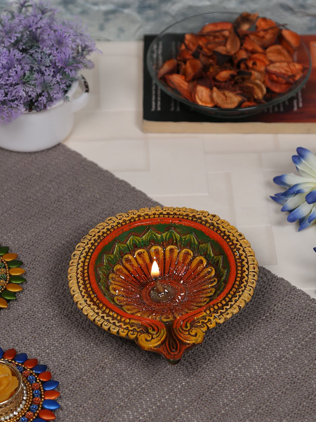 Aapno Rajasthan Orange Floral Shape Big Earthen Gel Filled Diya For The Festival Price in India