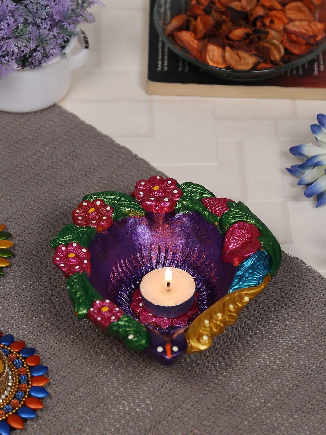 Aapno Rajasthan Purple Handcrafted Terracotta Floral Design Diya Price in India
