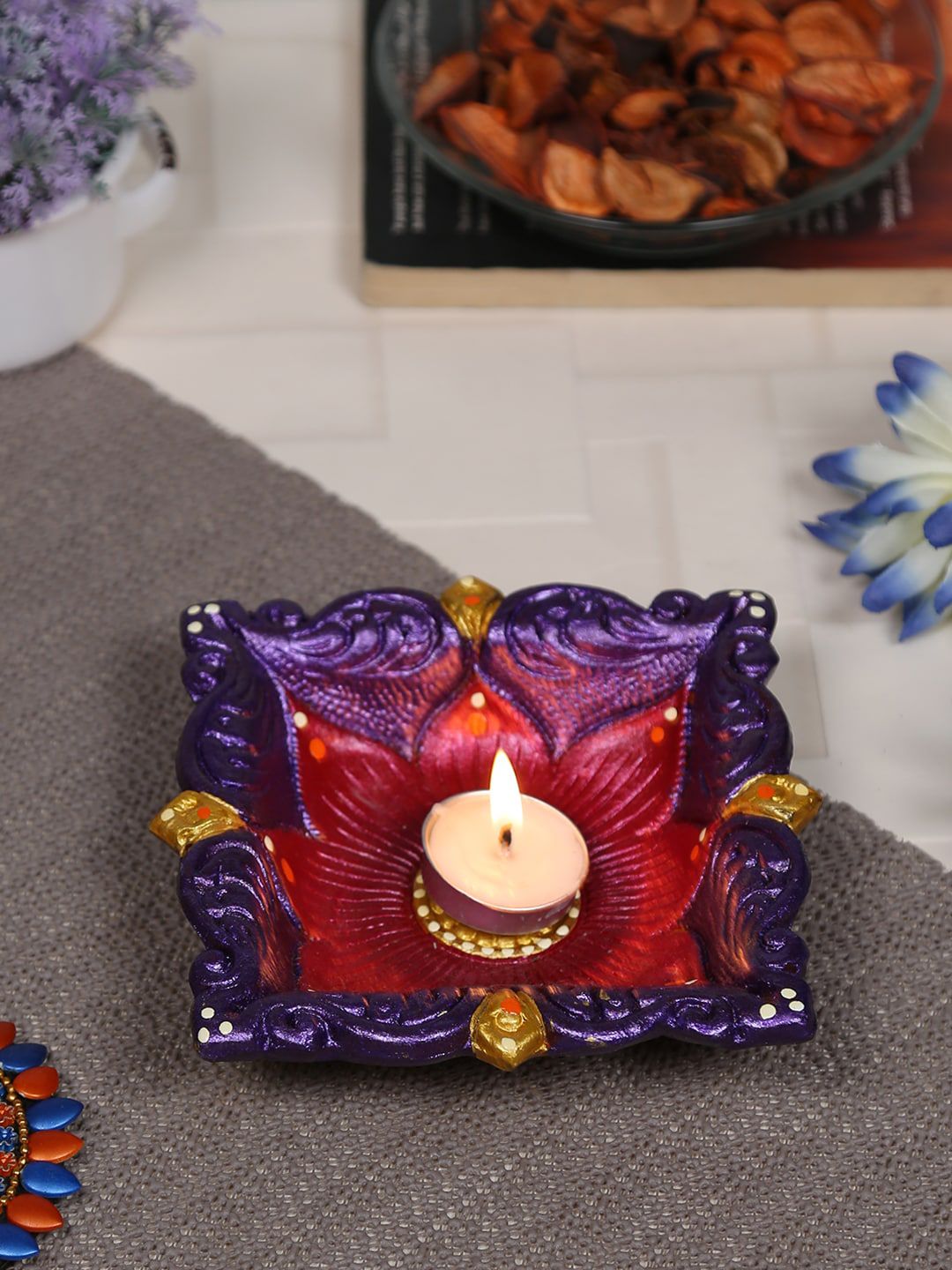 Aapno Rajasthan Purple Handcrafted Terracotta Square Shape Diya Price in India