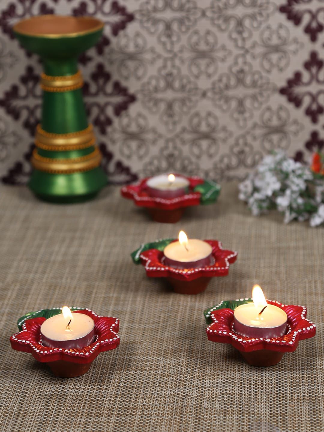 Aapno Rajasthan Pack Of 4 Red & Green Floral Design Terracotta Diya Price in India