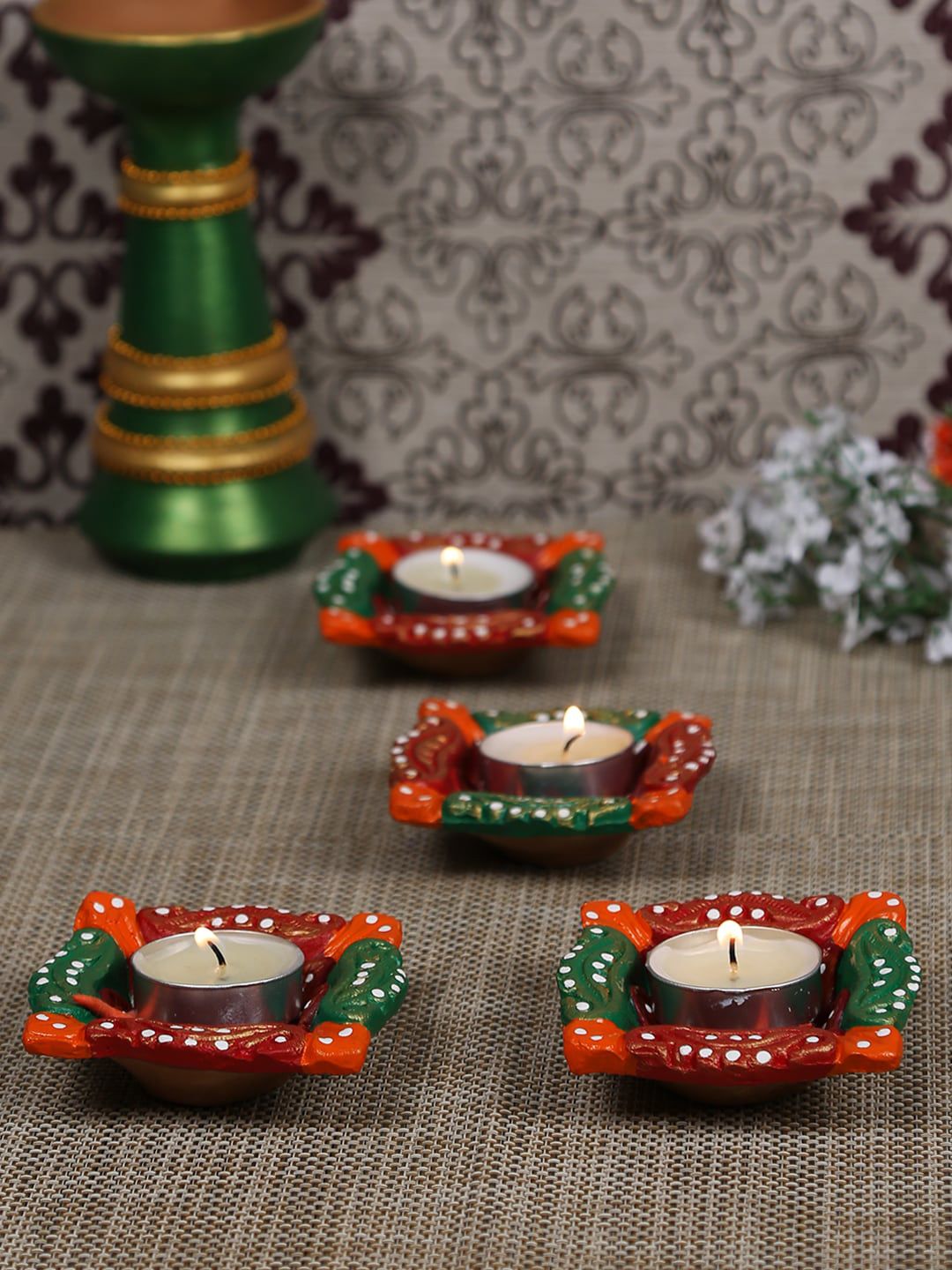 Aapno Rajasthan Set Of 4 Handcrafted Square-Shaped Terracotta Diya Price in India