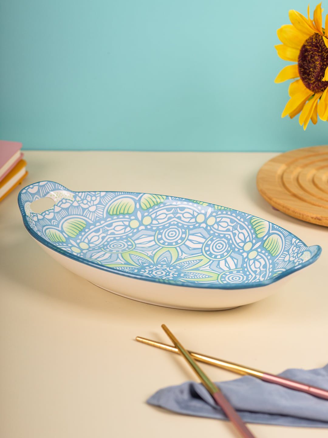 Market99 Sky Blue Printed Serving Platter Price in India