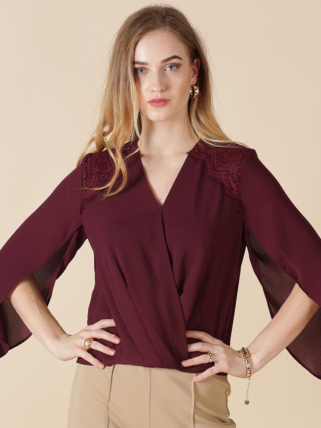 Gipsy Maroon Solid Wrap Top Price in India