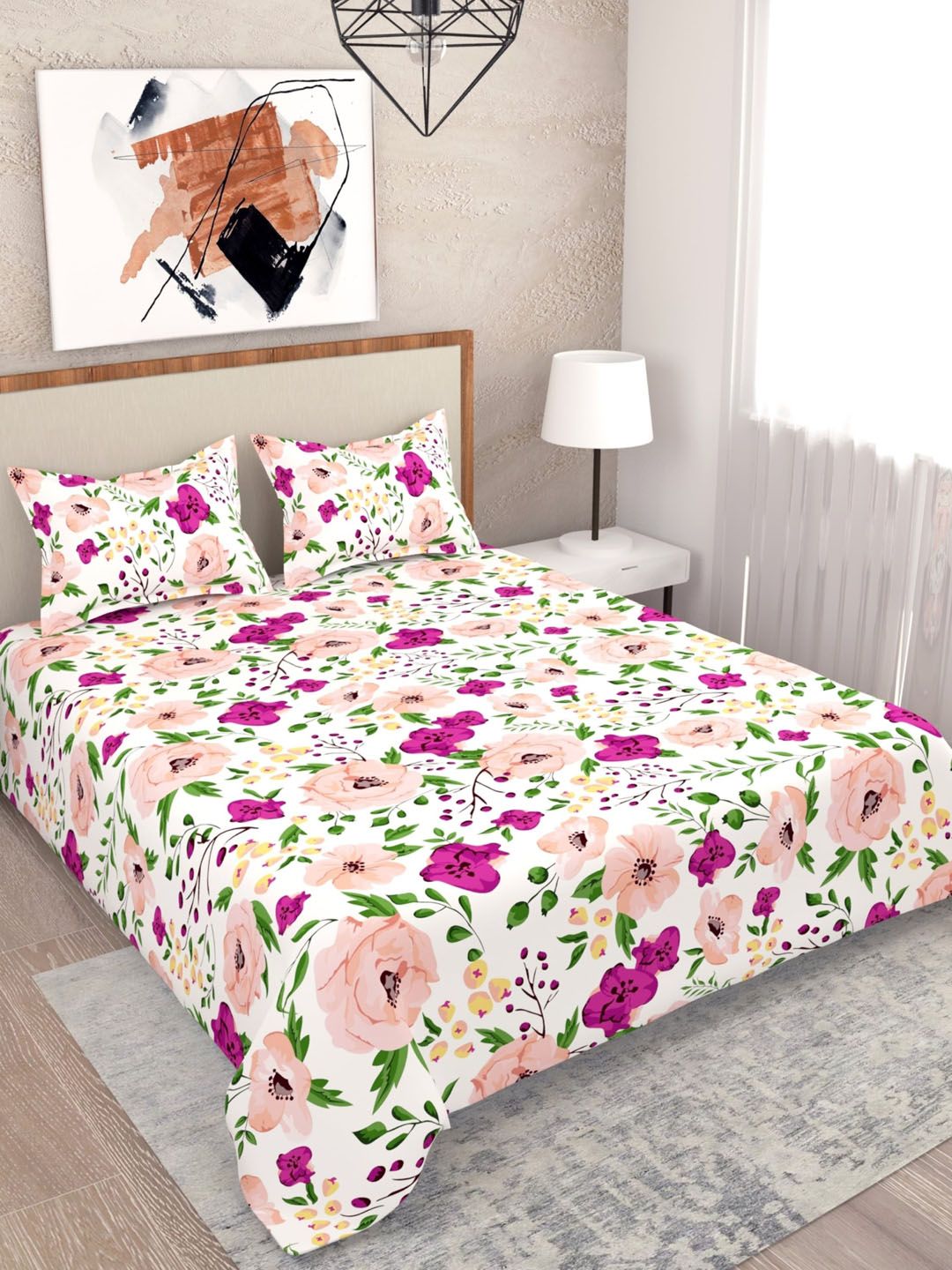 Salona Bichona Peach-Coloured & Green Floral 144 TC Queen Bedsheet with 2 Pillow Covers Price in India