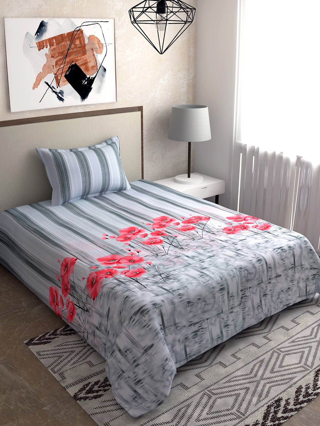 Salona Bichona Grey & Pink Floral 144 TC 100% Cotton Single Bedsheet with 1 Pillow Covers Price in India