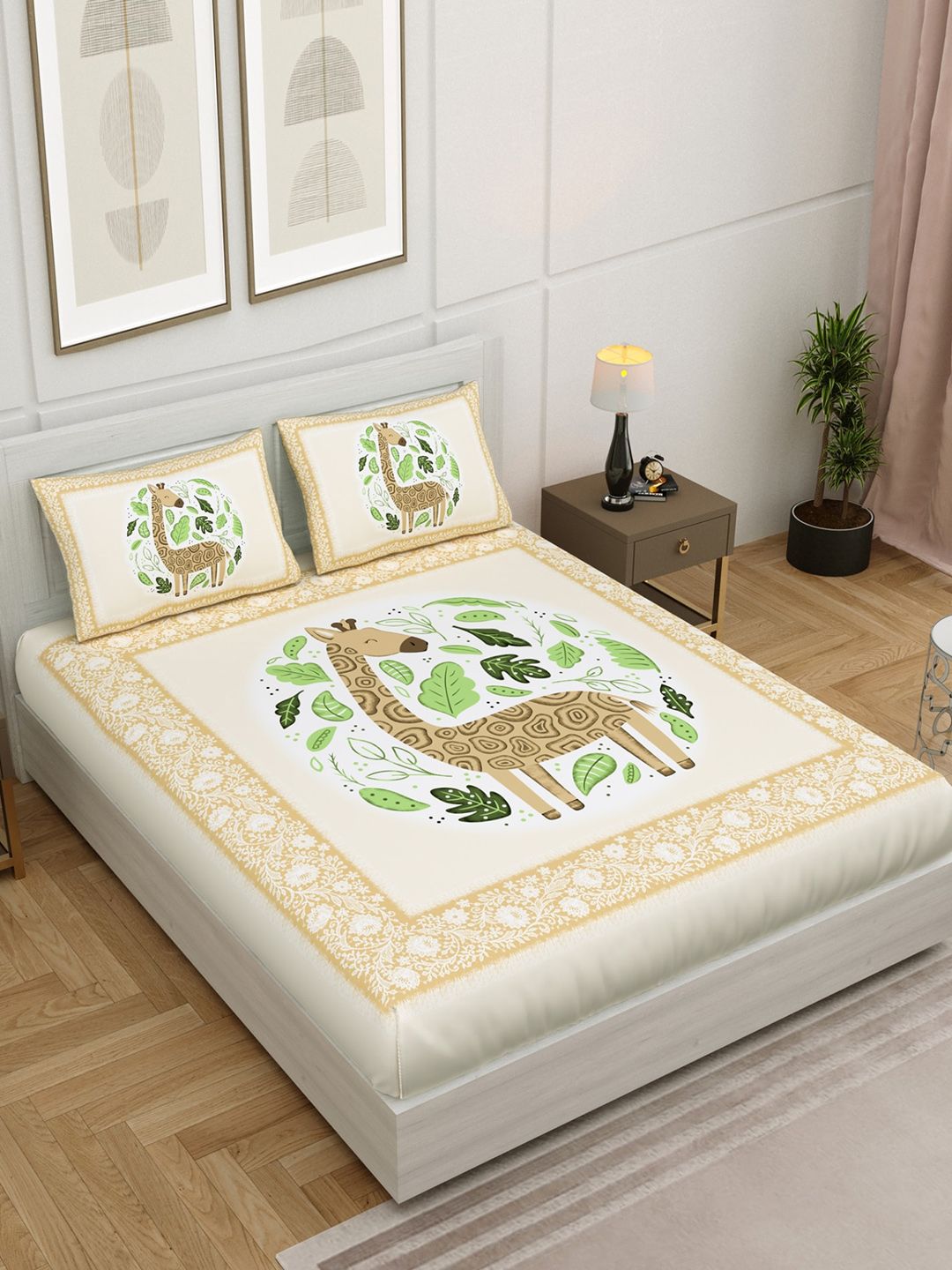 Salona Bichona Yellow & Off White Ethnic Motifs 144 TC King Bedsheet with 2 Pillow Covers Price in India