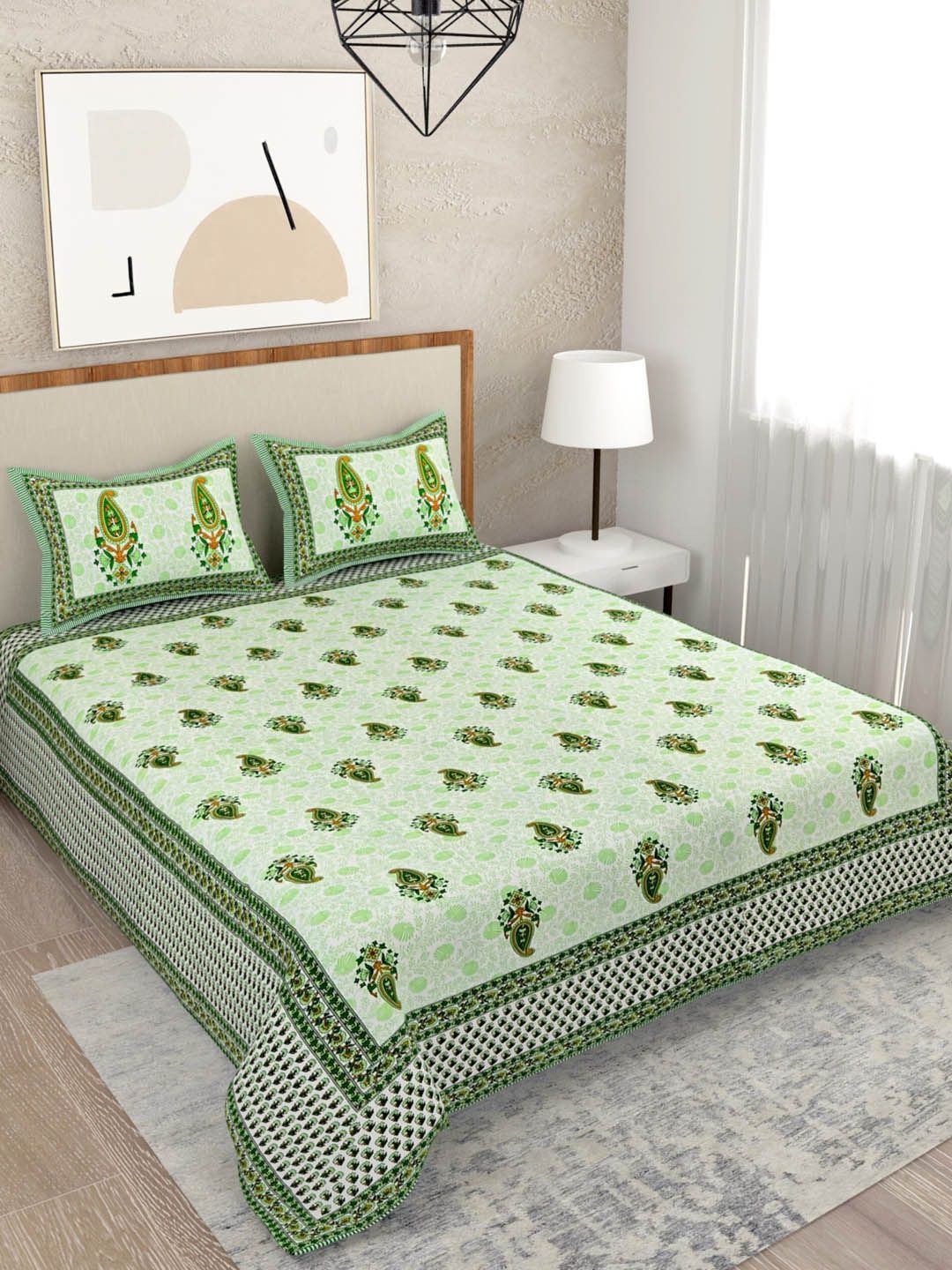 Salona Bichona Green Ethnic Motifs 120 TC Queen Bedsheet with 2 Pillow Covers Price in India