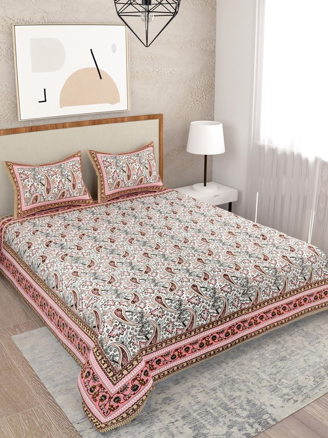 Salona Bichona Pink & Off White Ethnic Motifs 120 TC Queen Bedsheet with 2 Pillow Covers Price in India