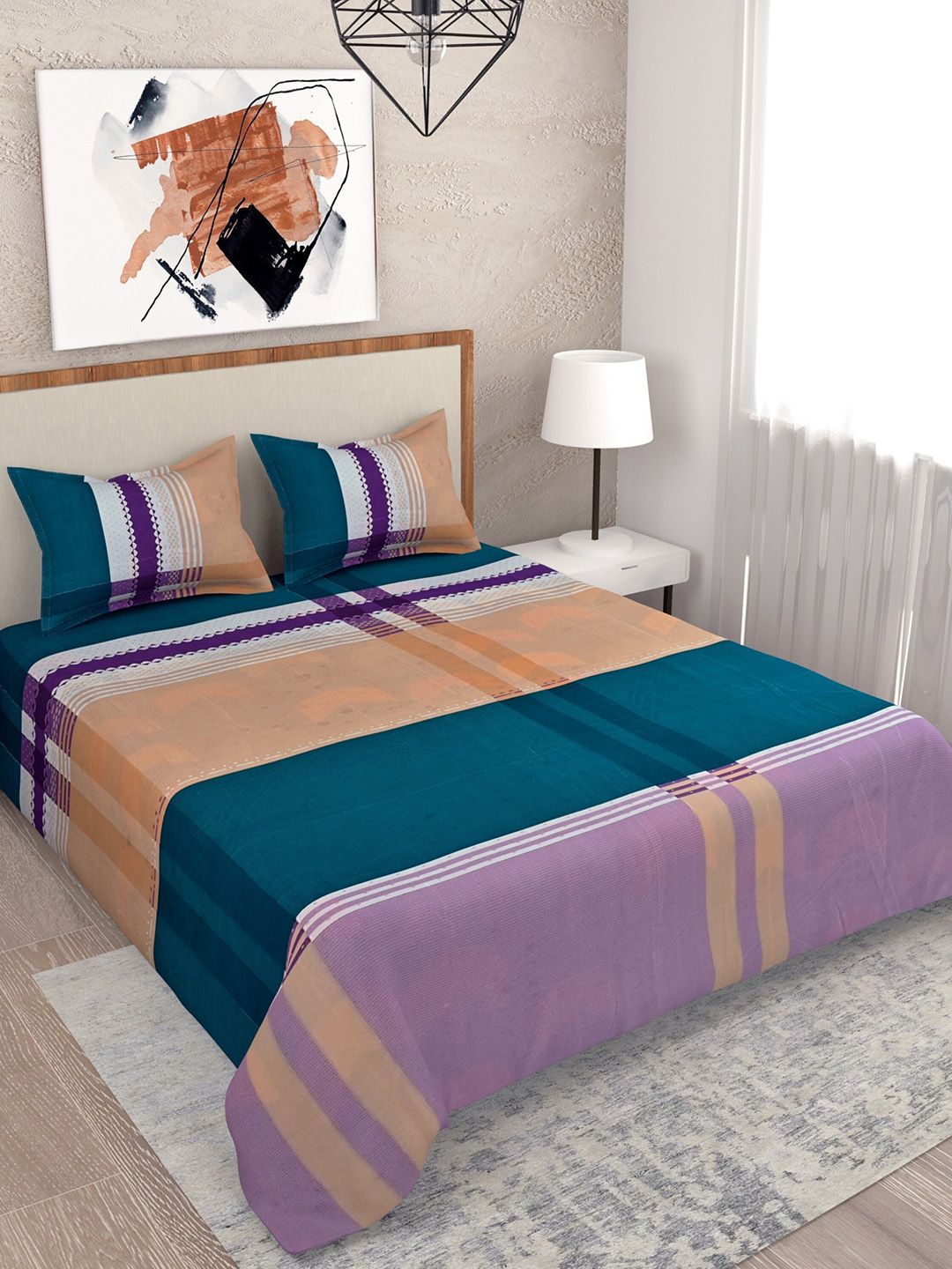 Salona Bichona Blue & Purple Geometric 144 TC Queen Bedsheet with 2 Pillow Covers Price in India