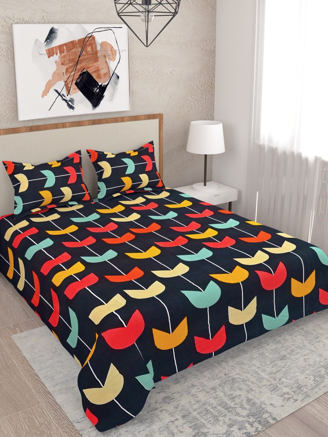 Salona Bichona Black & Red Graphic 144 TC Queen Bedsheet with 2 Pillow Covers Price in India
