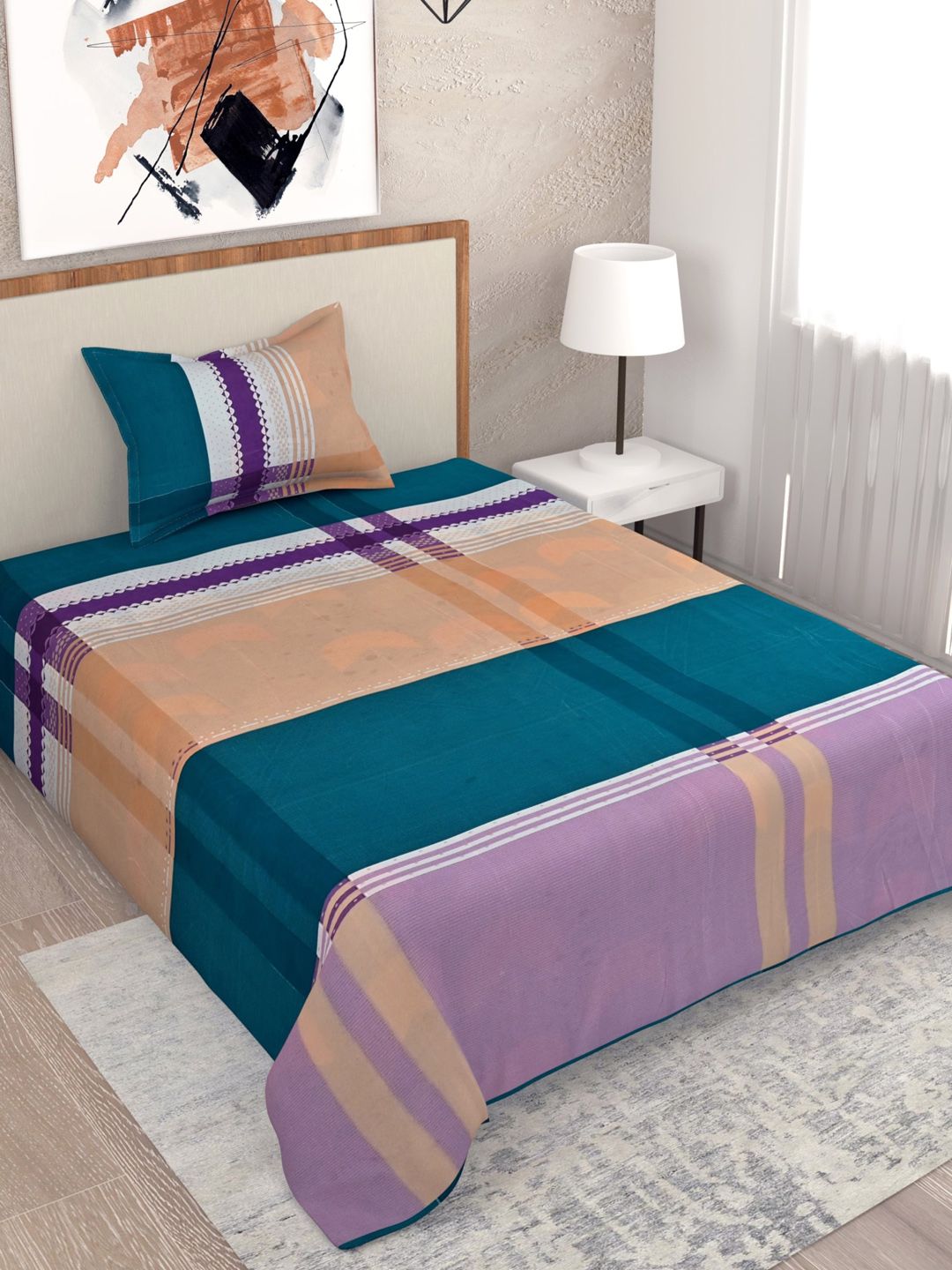Salona Bichona Blue & Purple Geometric 144 TC Single Bedsheet with 1 Pillow Cover Price in India