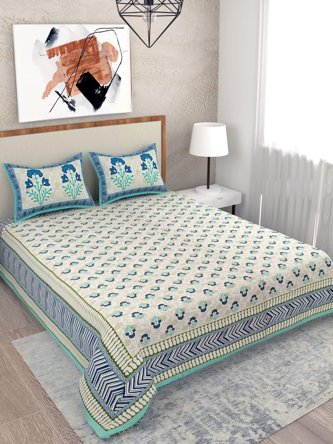 Salona Bichona Blue & Beige Floral 120 TC Queen Bedsheet with 2 Pillow Covers Price in India