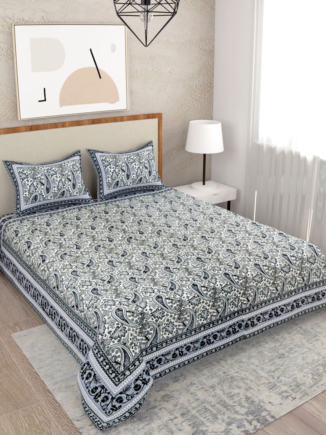 Salona Bichona Blue & White Ethnic Motifs 120 TC Queen Bedsheet with 2 Pillow Covers Price in India