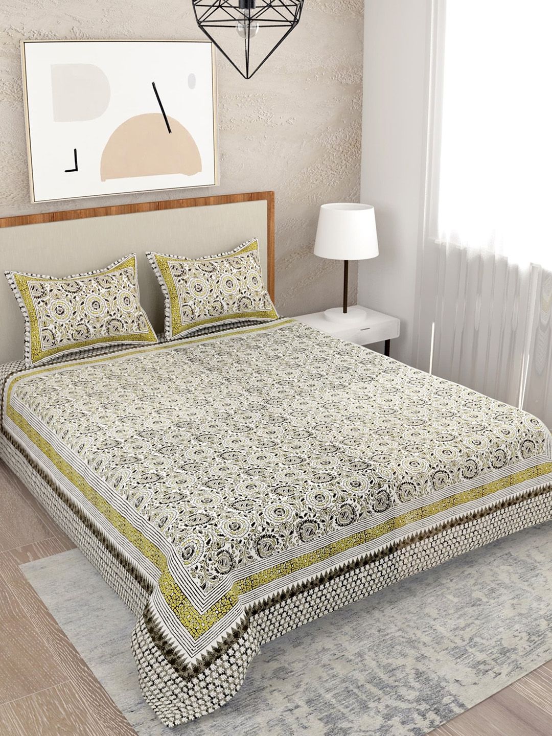 Salona Bichona Yellow & Green Floral 120 TC Queen Bedsheet with 2 Pillow Covers Price in India