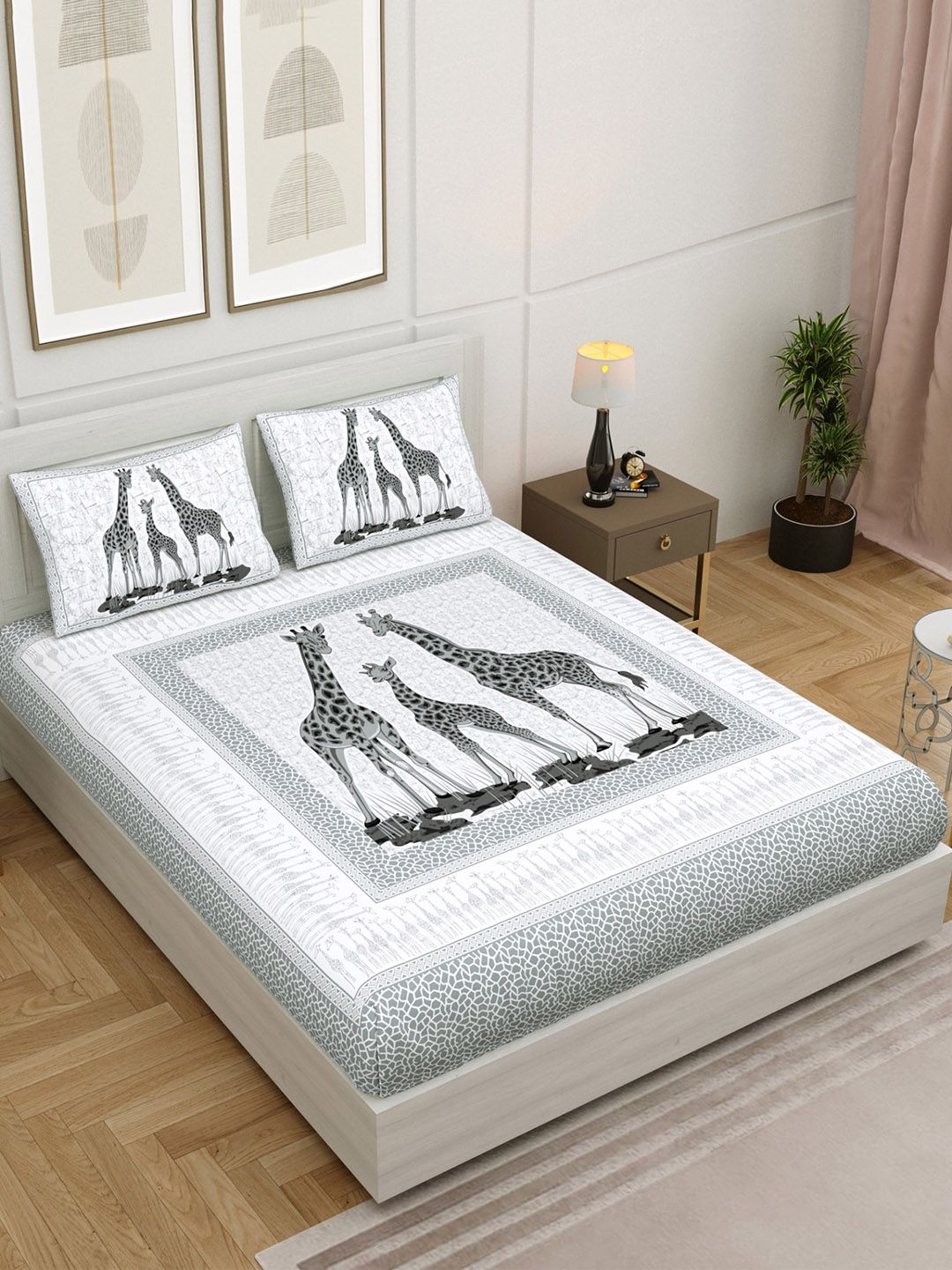 Salona Bichona Grey & Off White Conversational 144 TC King Bedsheet with 2 Pillow Covers Price in India