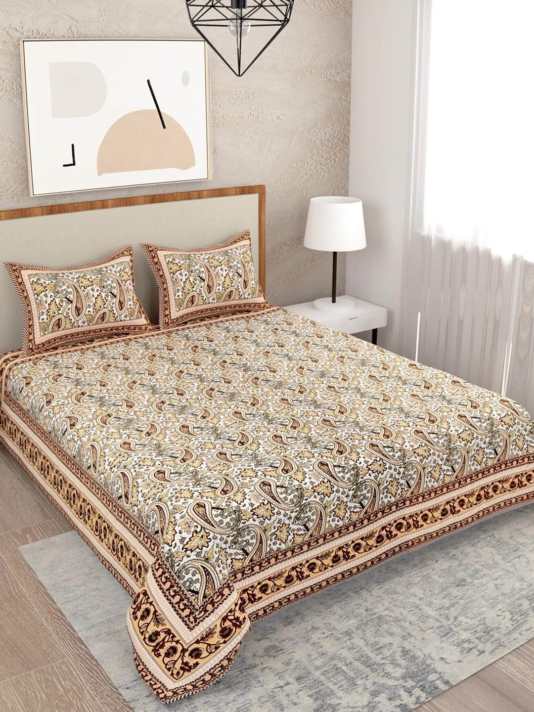 Salona Bichona Beige & Brown Floral 120 TC 100% Cotton Queen Bedsheet with 2 Pillow Covers Price in India