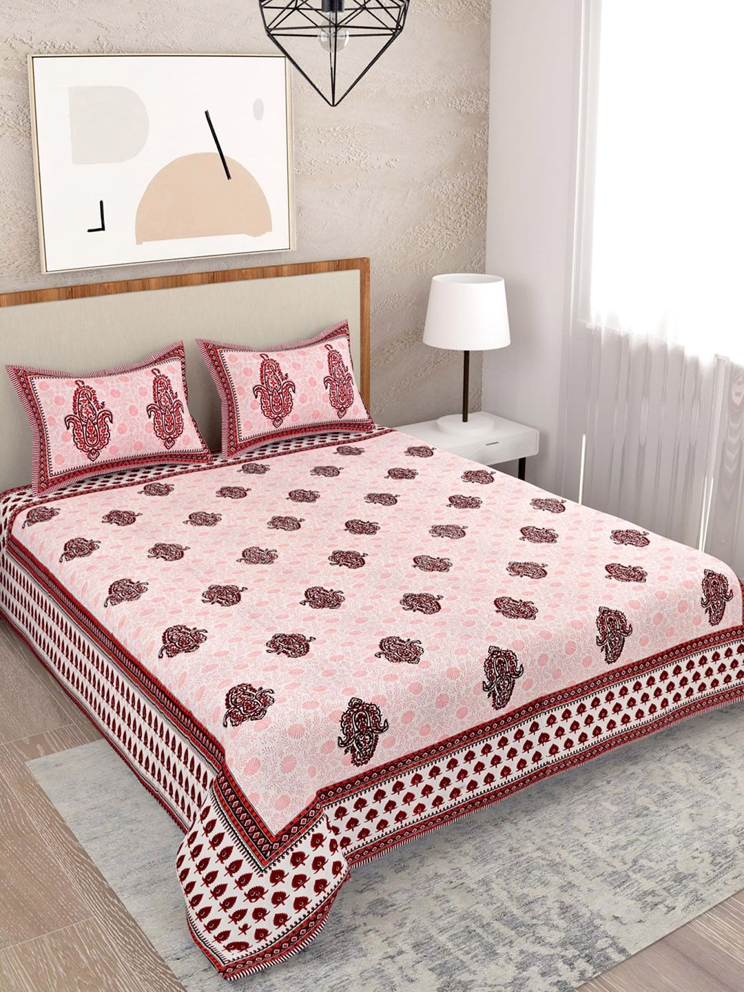 Salona Bichona Pink & Off White Floral 120 TC Queen Bedsheet with 2 Pillow Covers Price in India